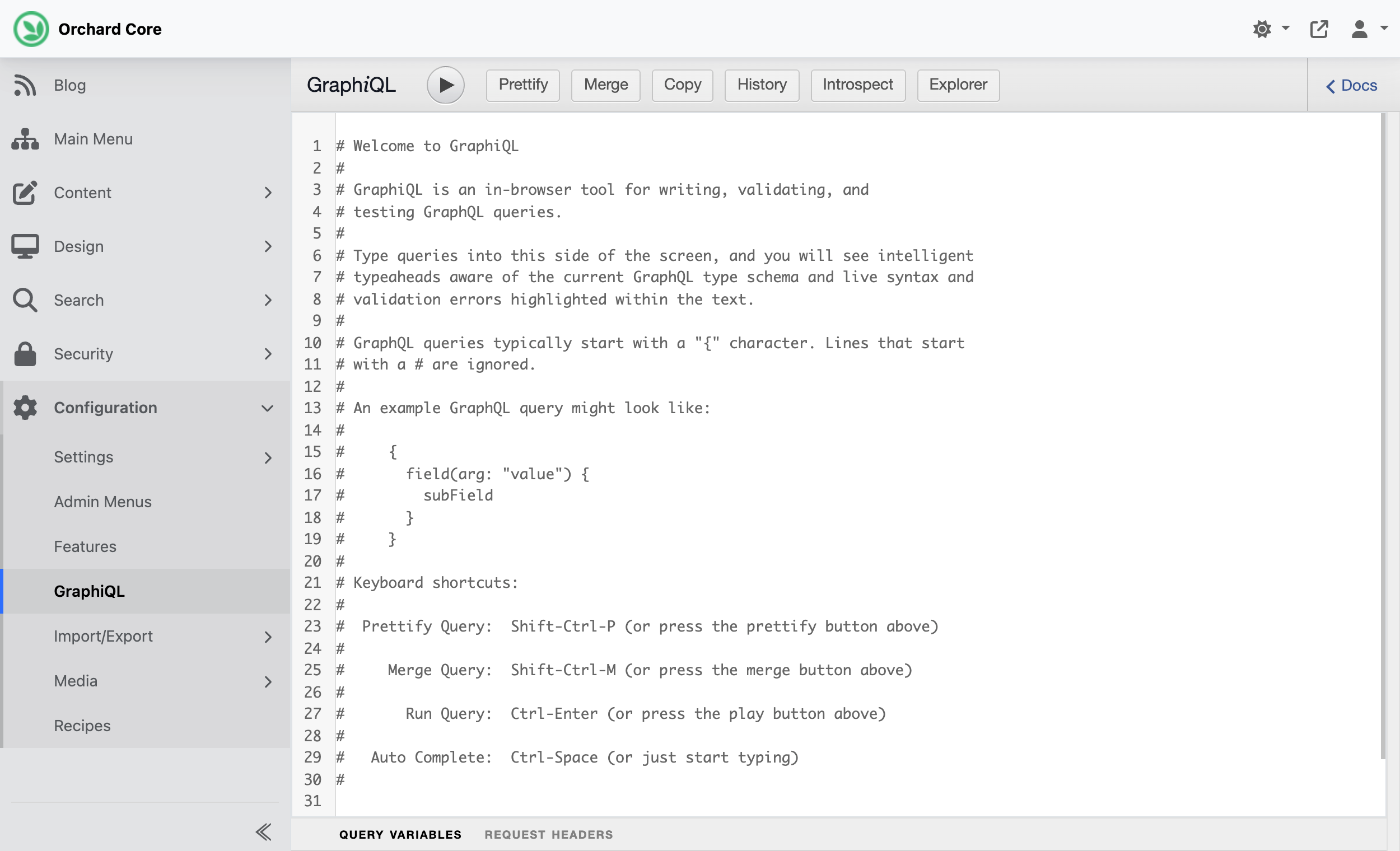 The GraphQL API explorer in the Orchard Core admin