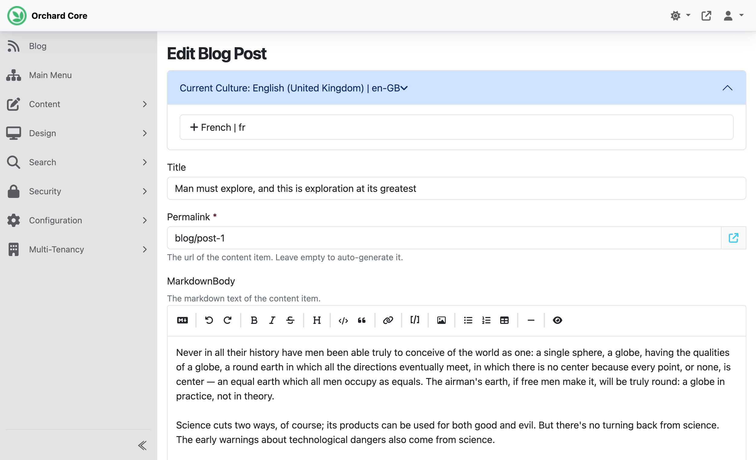 Localization settings in the Orchard Core admin