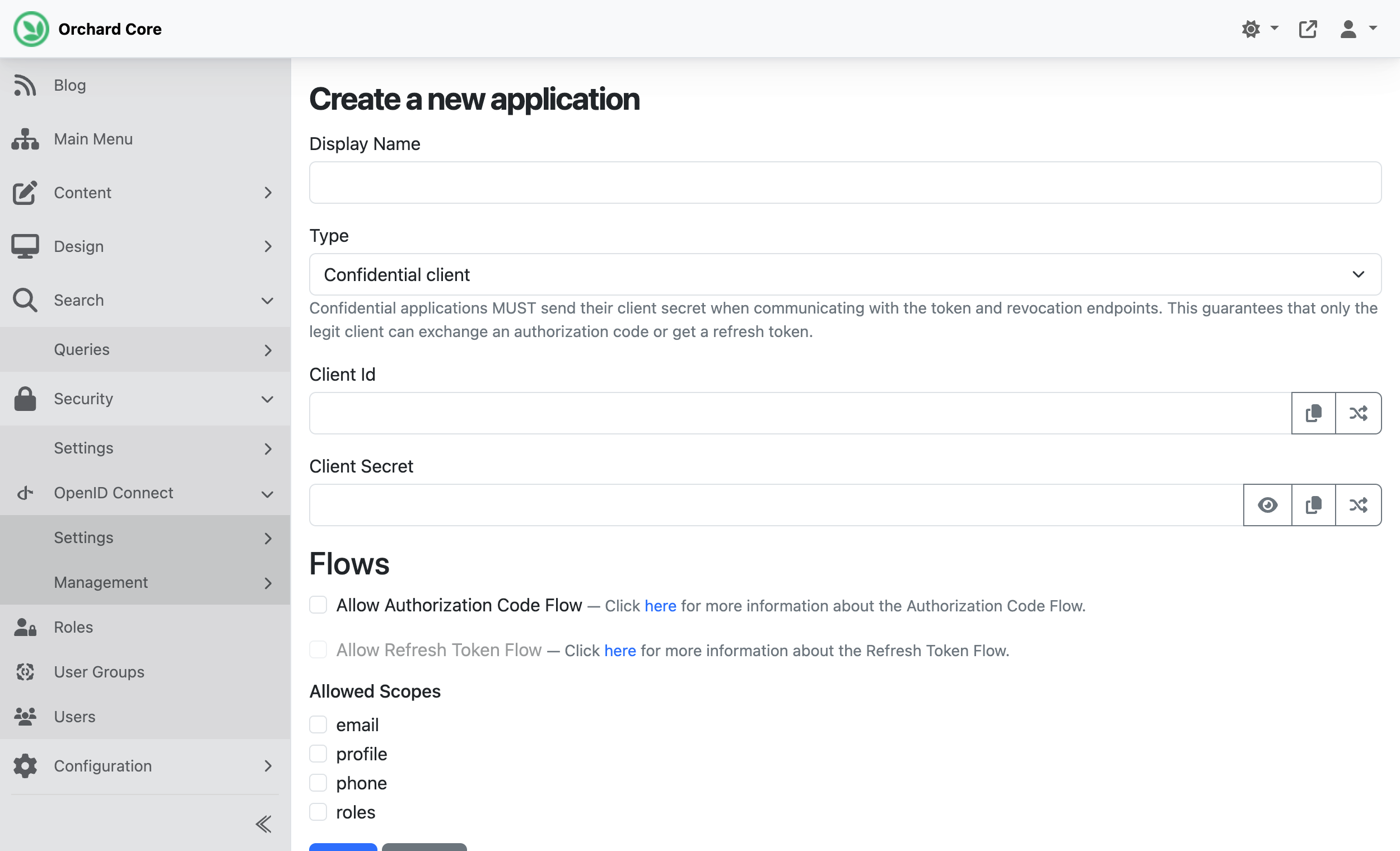 OpenID Connect settings in the Orchard Core admin
