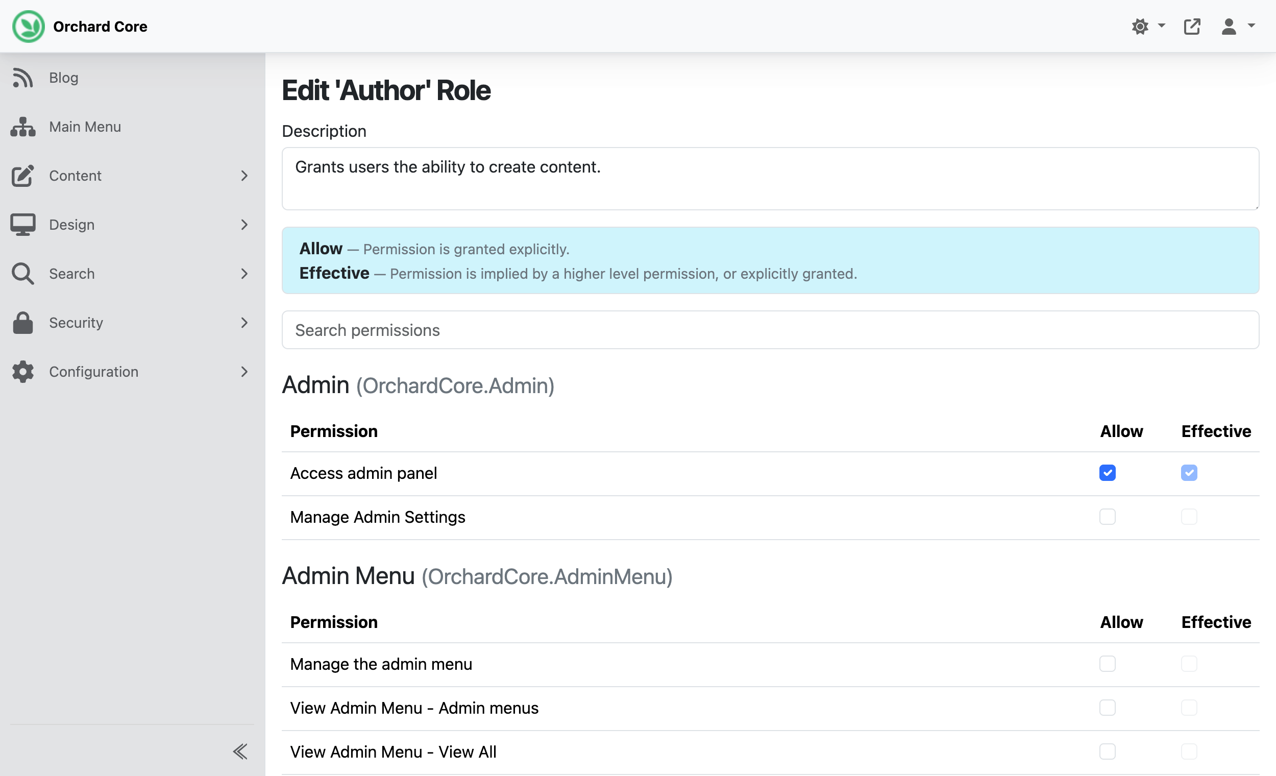 Roles & Permissions in the Orchard Core admin