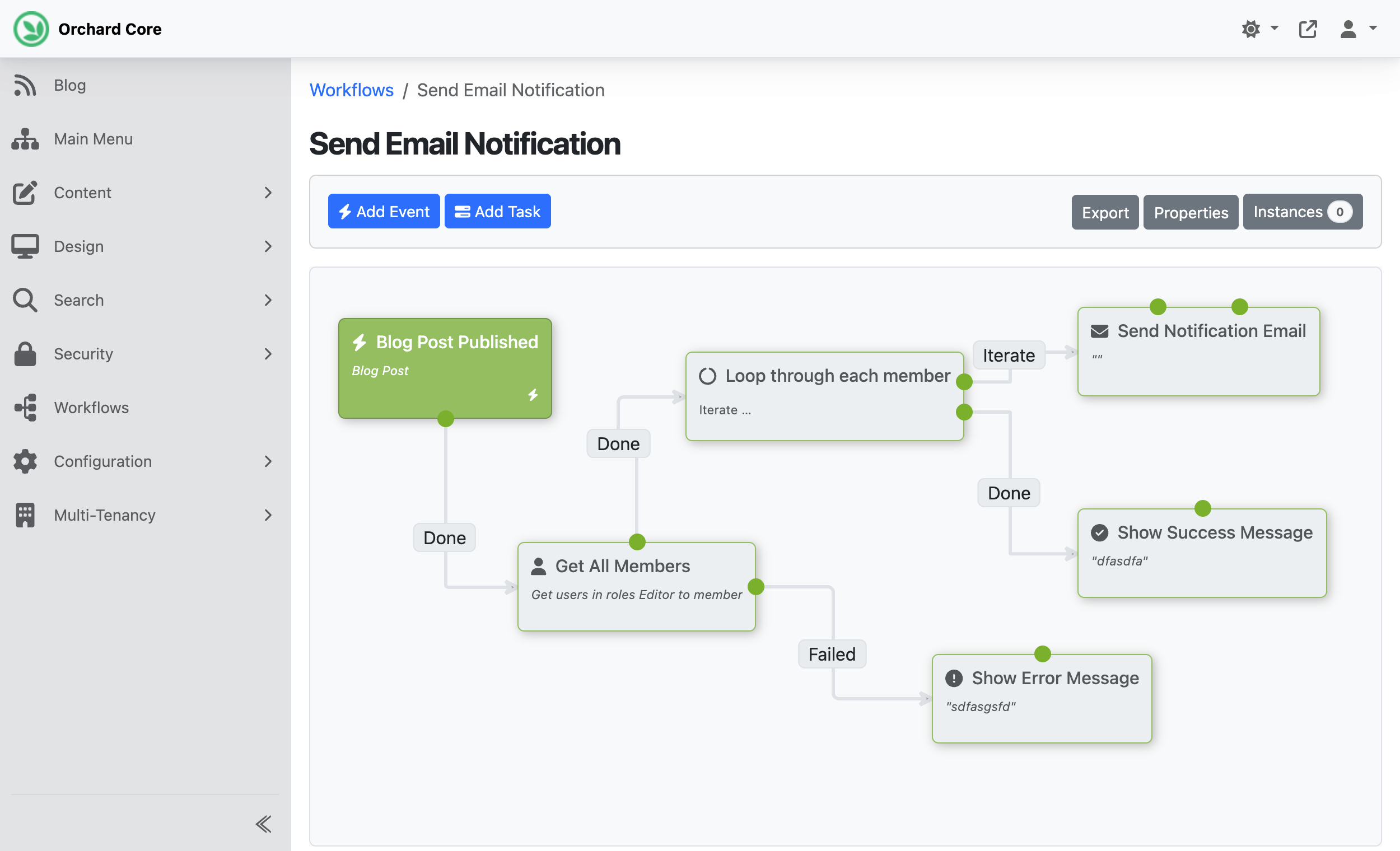 The Workflows visual editor in the Orchard Core admin